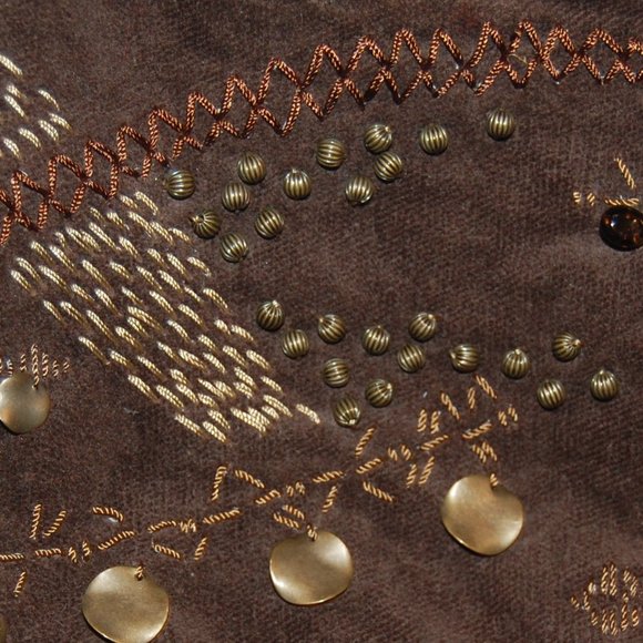 David & Scotti Brown Leather & Soft Material Small Purse W/ Embroidery& Beads - Picture 6 of 16